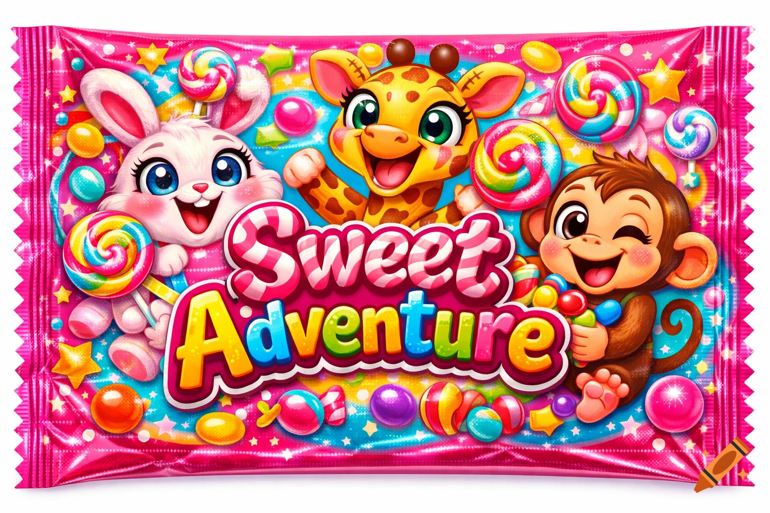 Vibrant sweet wrapper with cartoon bunny, giraffe, and monkey surrounded by colorful candies and lollipops, featuring 'Sweet Adventure' text.