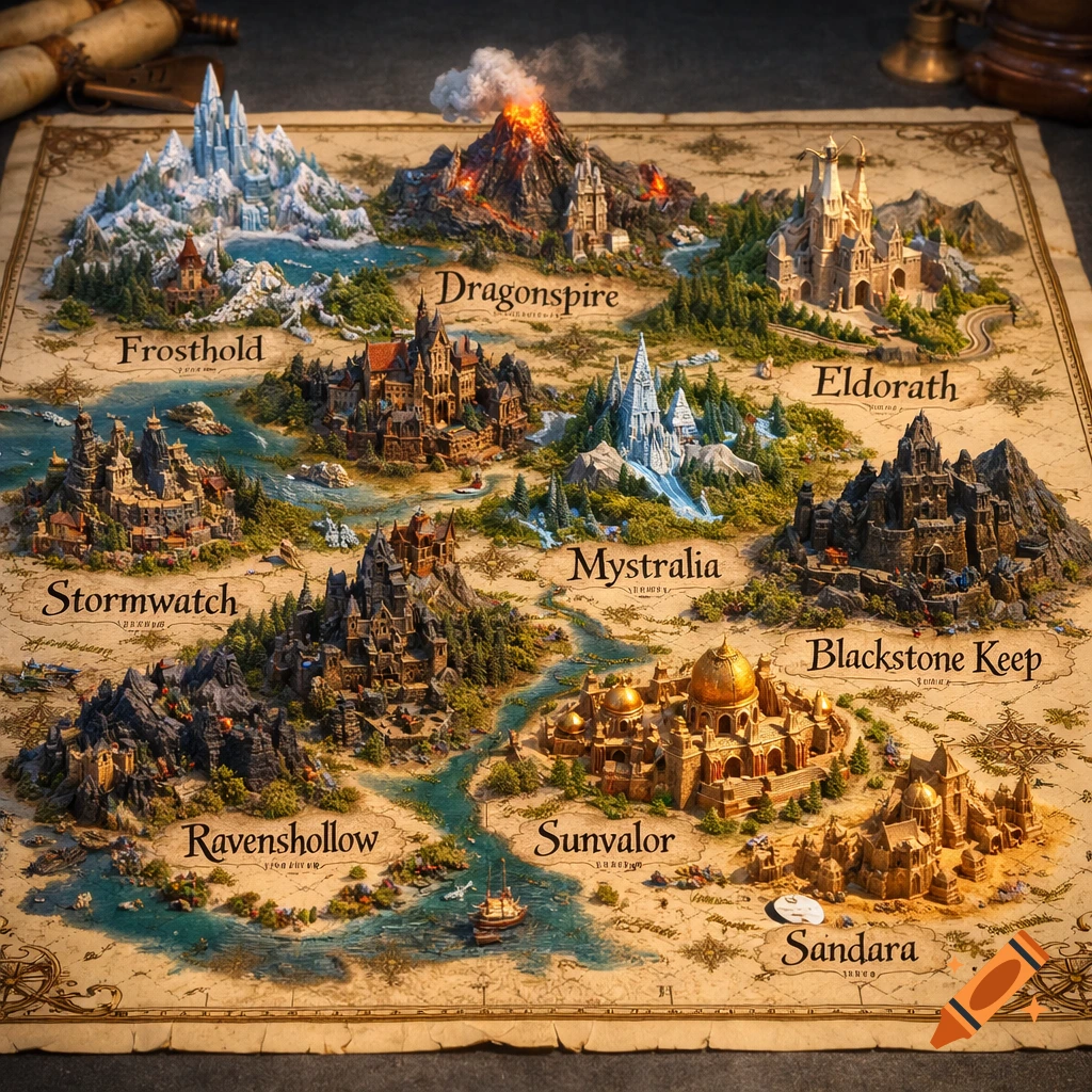 A detailed 3D fantasy map diorama showing several miniature cities like Frosthold, Dragonspire, Eldorath, Stormwatch, and Sunvalor.
