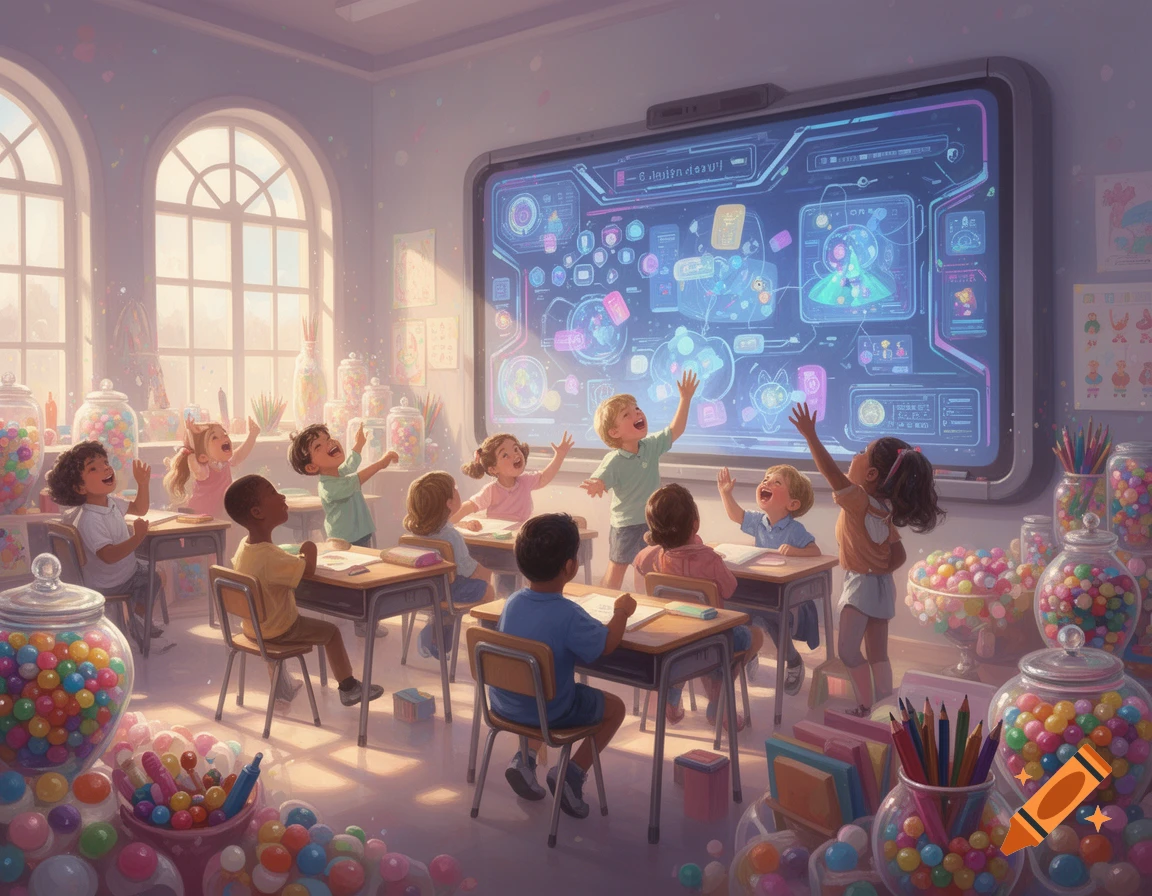 A dream-like classroom filled with delighted children raising their hands, surrounded by large jars of colorful candy. A large, futuristic screen displays abstract neon graphics.