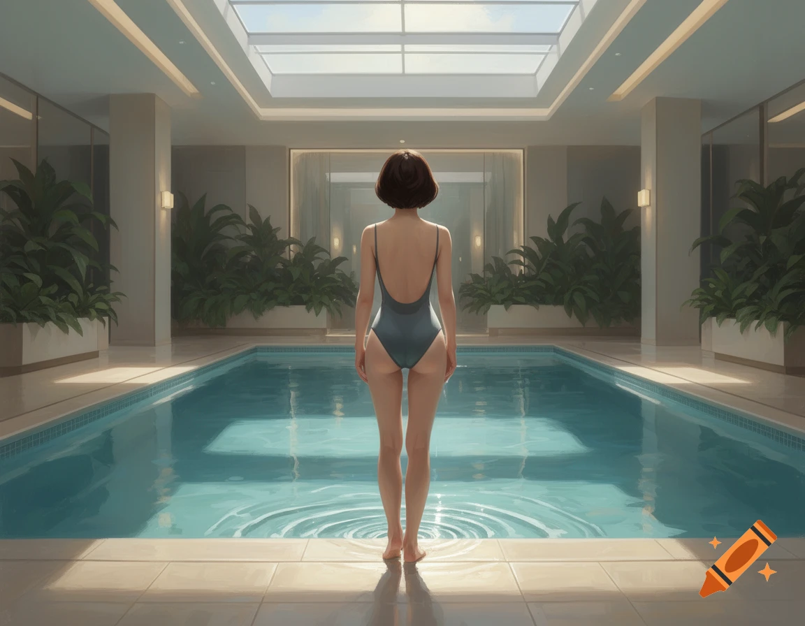 Woman in a blue swimsuit standing at the edge of a bright indoor swimming pool, seen from behind.