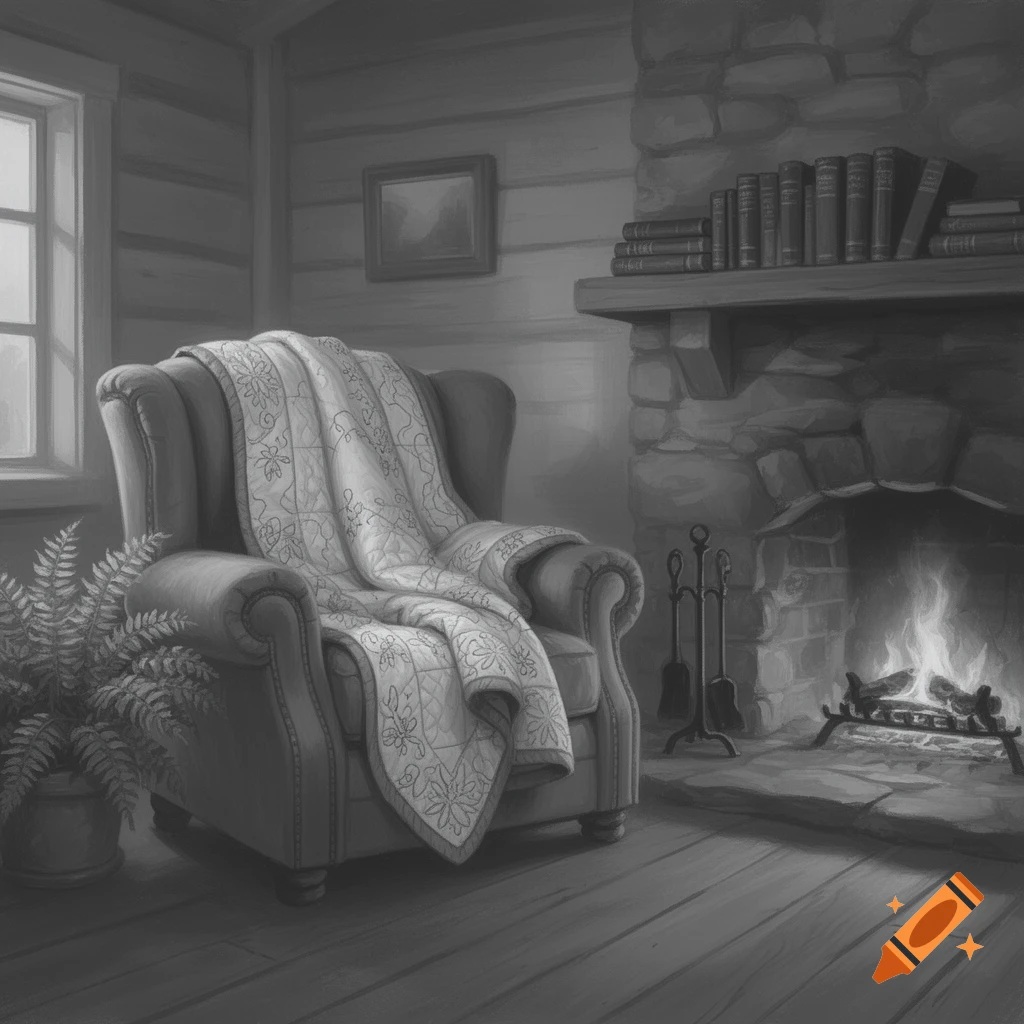 A black and white illustration of a cozy living room with an armchair, a quilted blanket, a potted fern, and a fireplace with a roaring fire.
