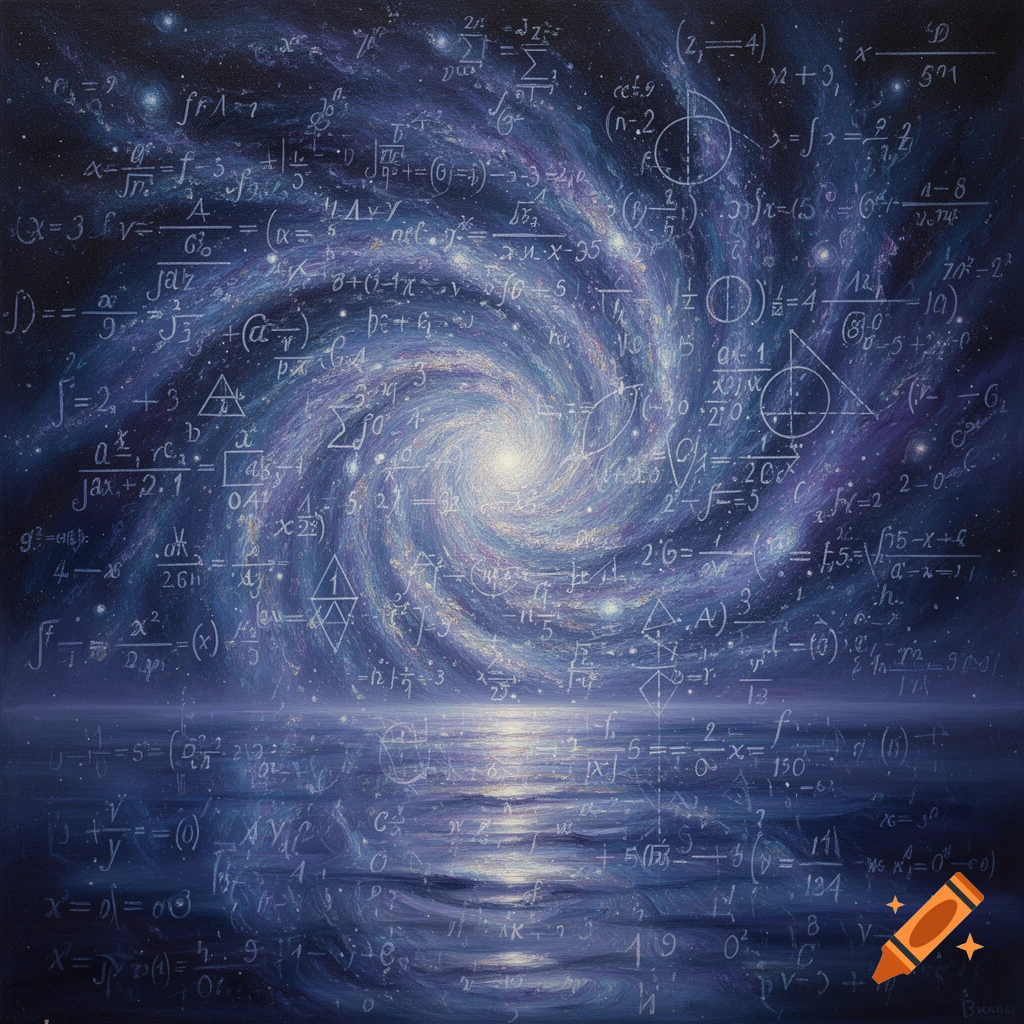 A vibrant blue and purple galaxy swirling above a reflective body of water, covered in white mathematical equations and symbols.