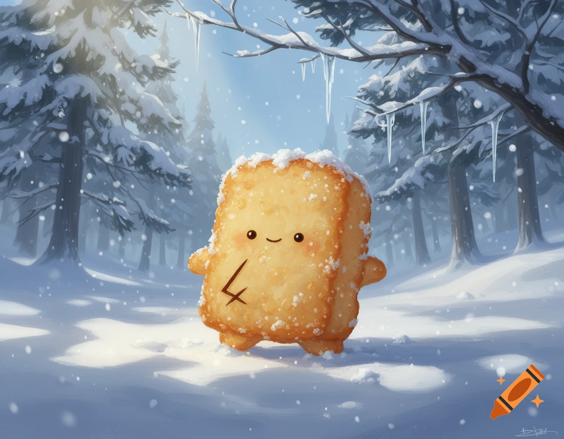 A smiling, anthropomorphic tater tot with a stylized 'l' scar stands in a snowy winter forest.