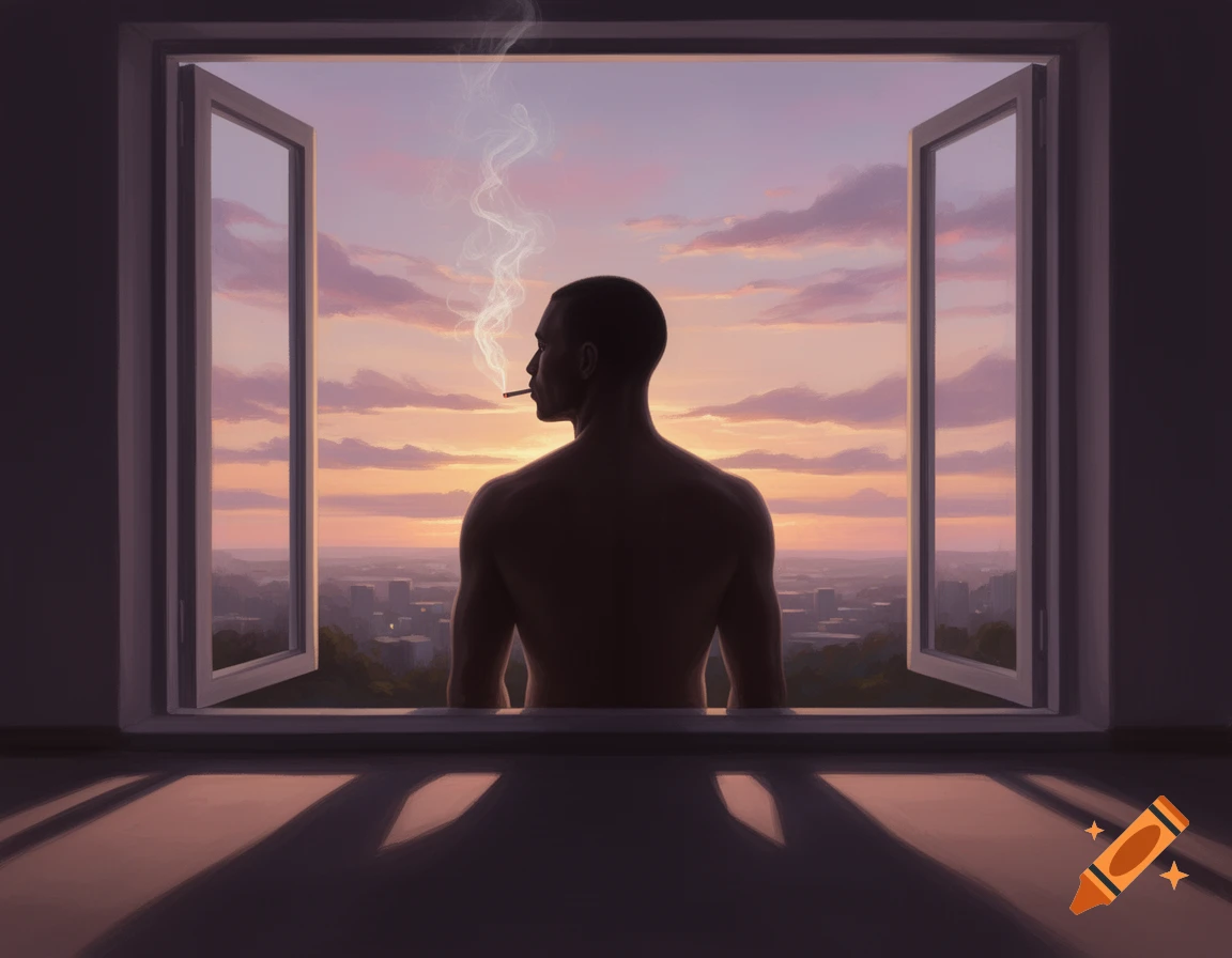 A shirtless man, seen from behind, smokes a cigarette while looking out an open window at a city during sunrise.