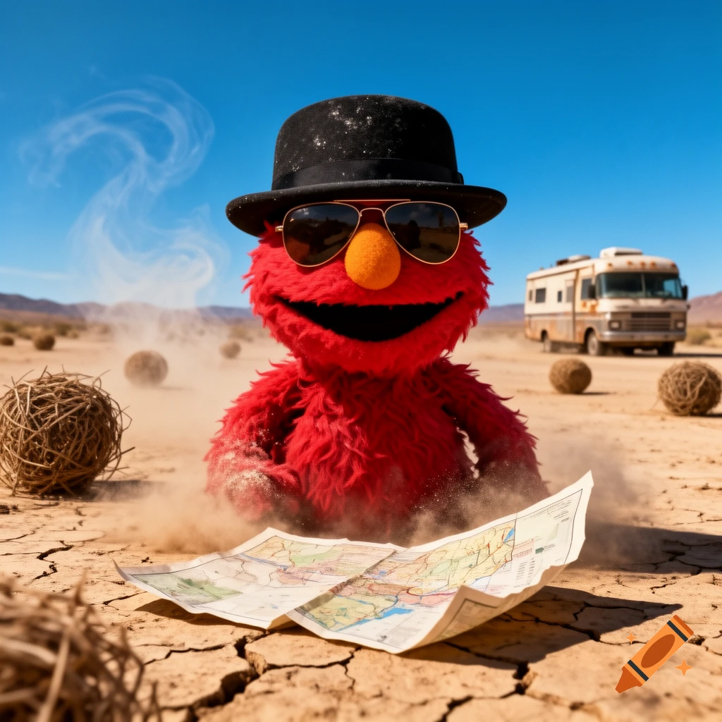 Elmo dressed as Heisenberg, complete with a black hat and sunglasses, sits in a cracked desert holding an unfolded map, with an RV in the background.