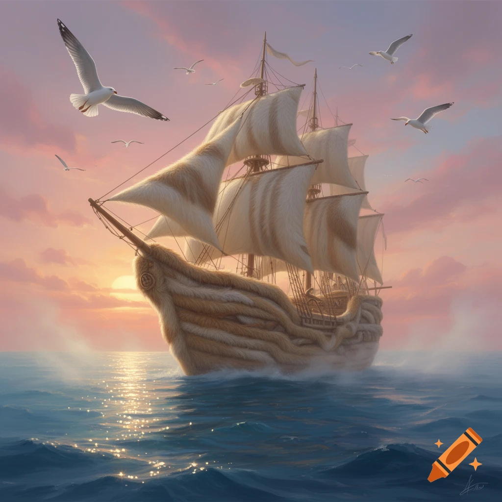 A furry sailing ship with white sails floats on a shimmering blue ocean under a pink and orange sunset, with seagulls flying overhead.