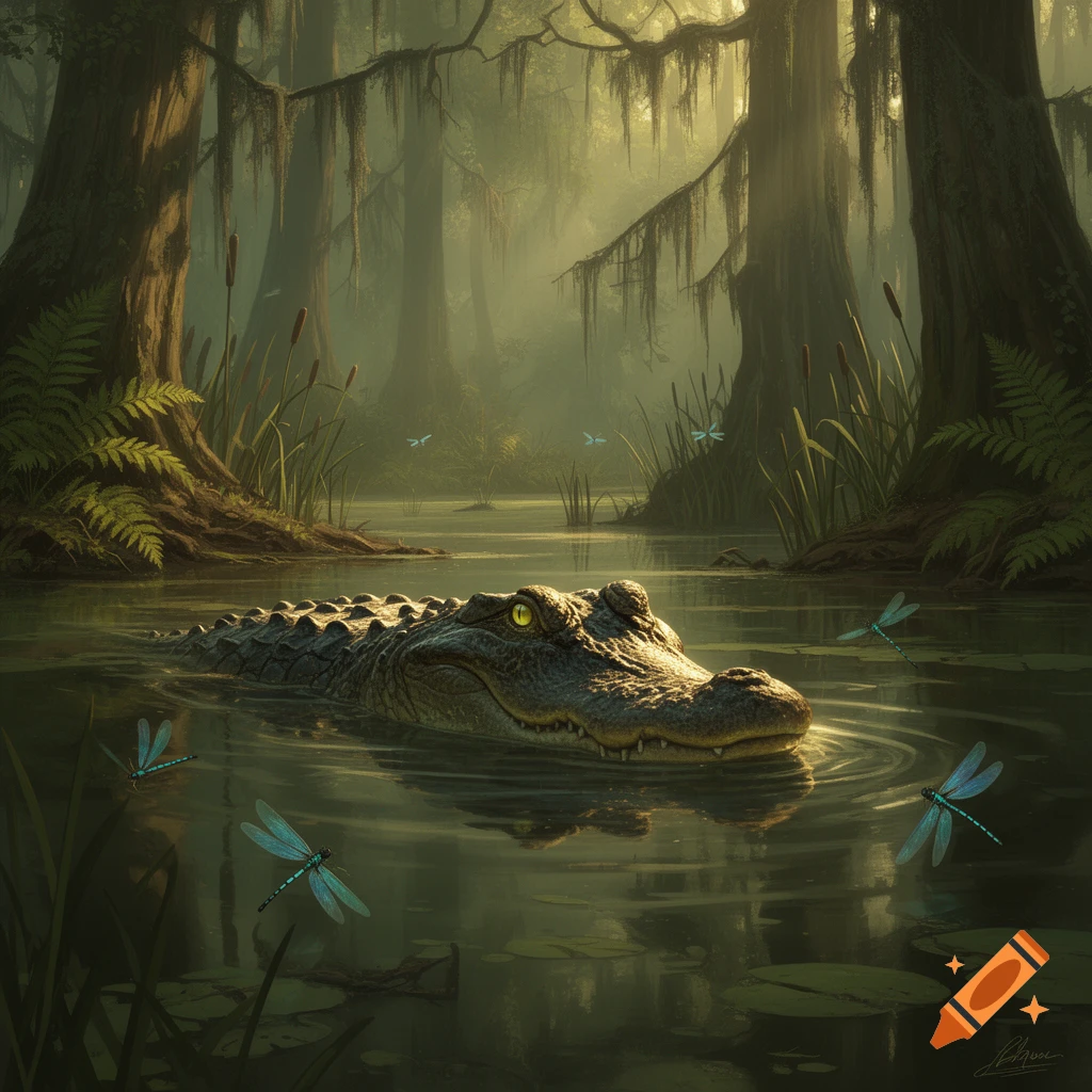A photorealistic alligator with glowing yellow eyes swims in a murky swamp with dragonflies and Spanish moss-covered trees.