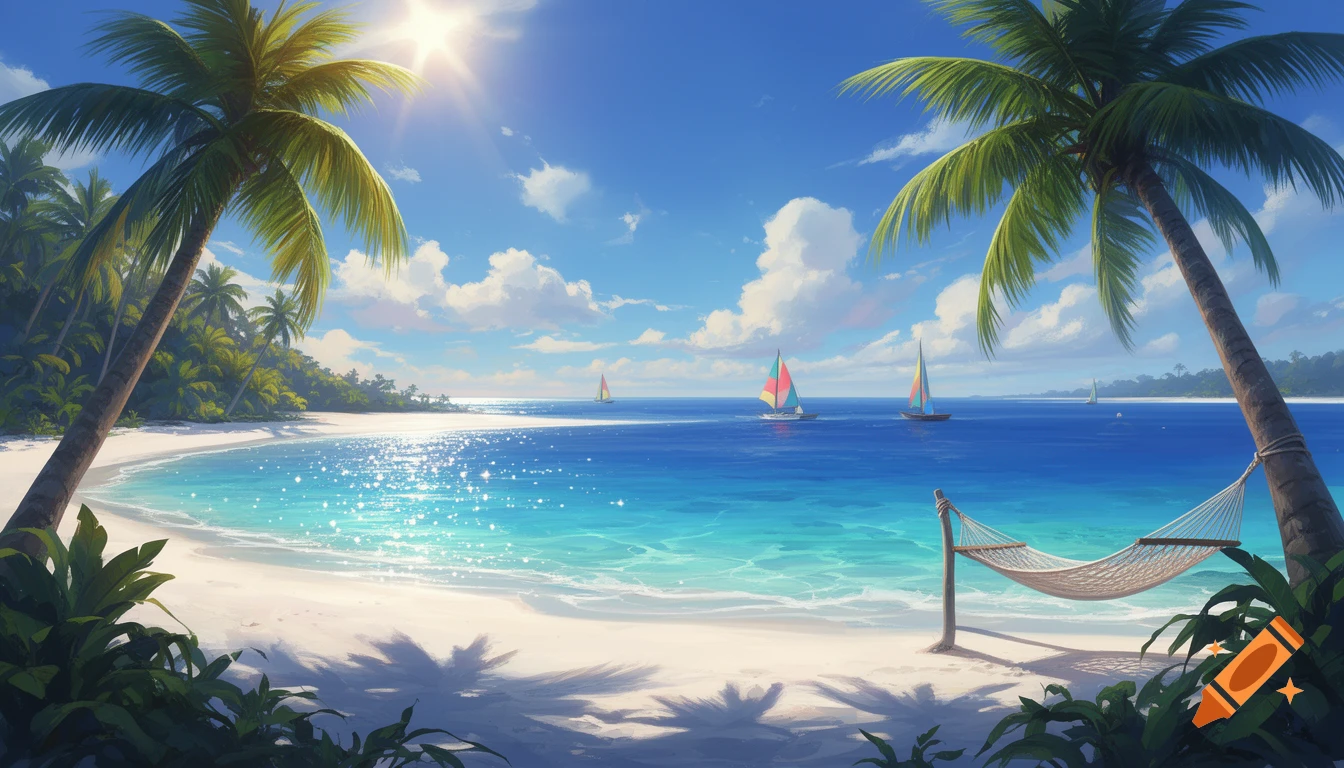 Vibrant illustration of a sunny tropical beach with palm trees, crystal blue water, sailboats, and a hammock on white sand.
