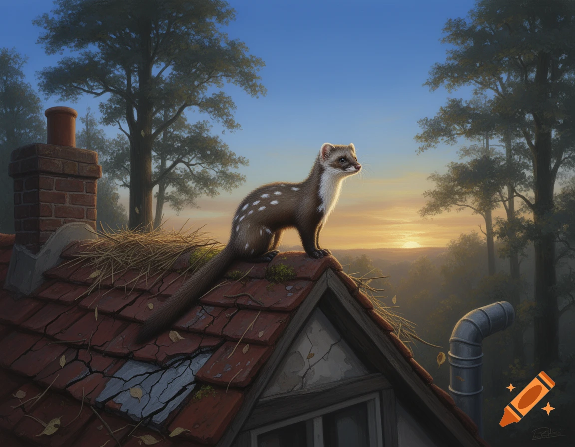 A spotted marten stands alert on a mossy, cracked red-tiled roof at sunset, with tall trees and a golden sky in the background, in a realistic painting style.