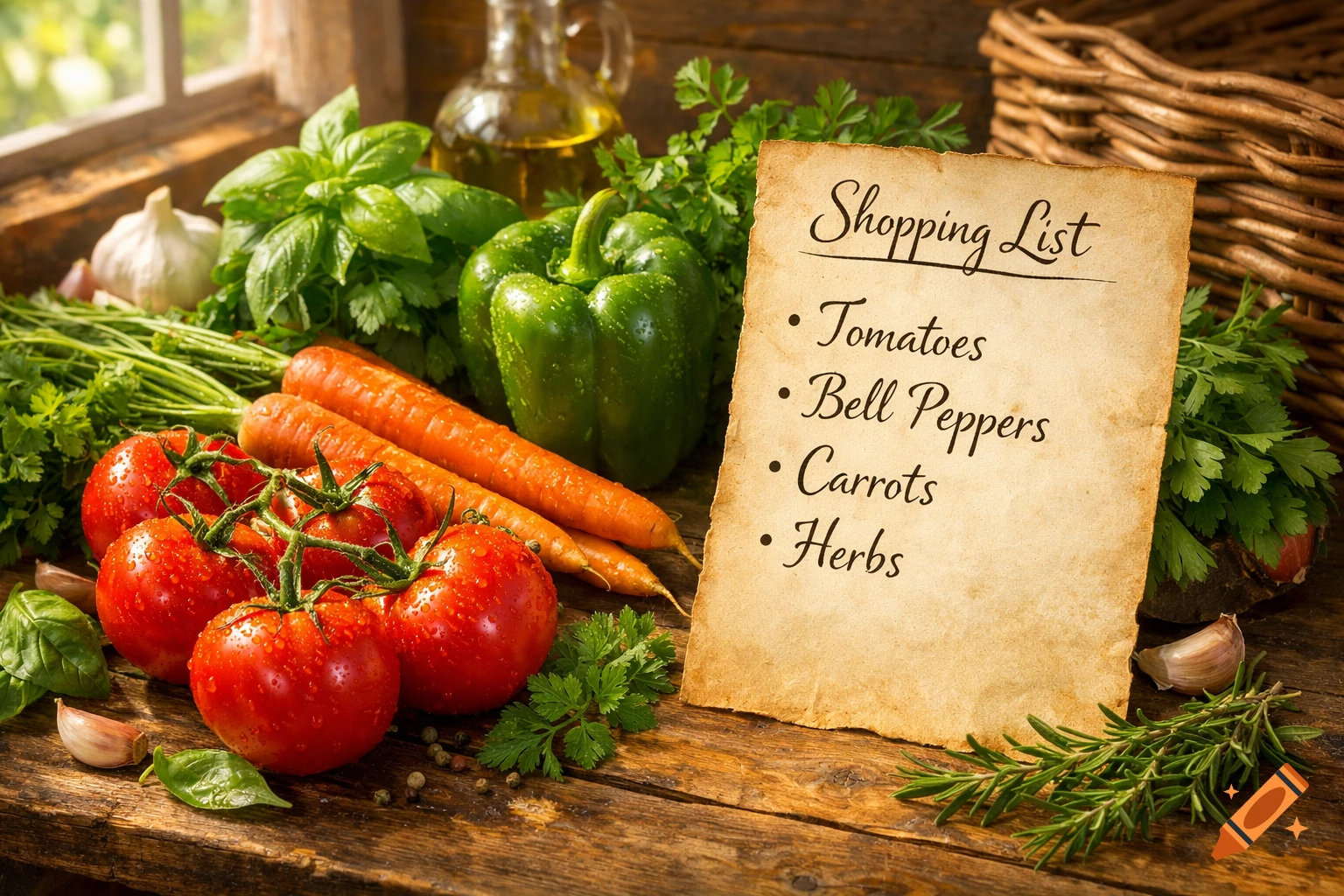 A rustic wooden table displays fresh vegetables like tomatoes, bell peppers, carrots, garlic, and herbs, next to a handwritten shopping list.