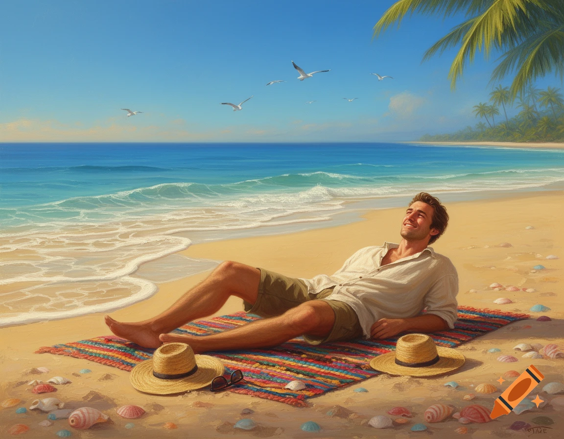 A smiling man relaxes on a colorful blanket on a sandy beach, with two straw hats and sunglasses nearby, under a clear blue sky with seagulls flying over the ocean.