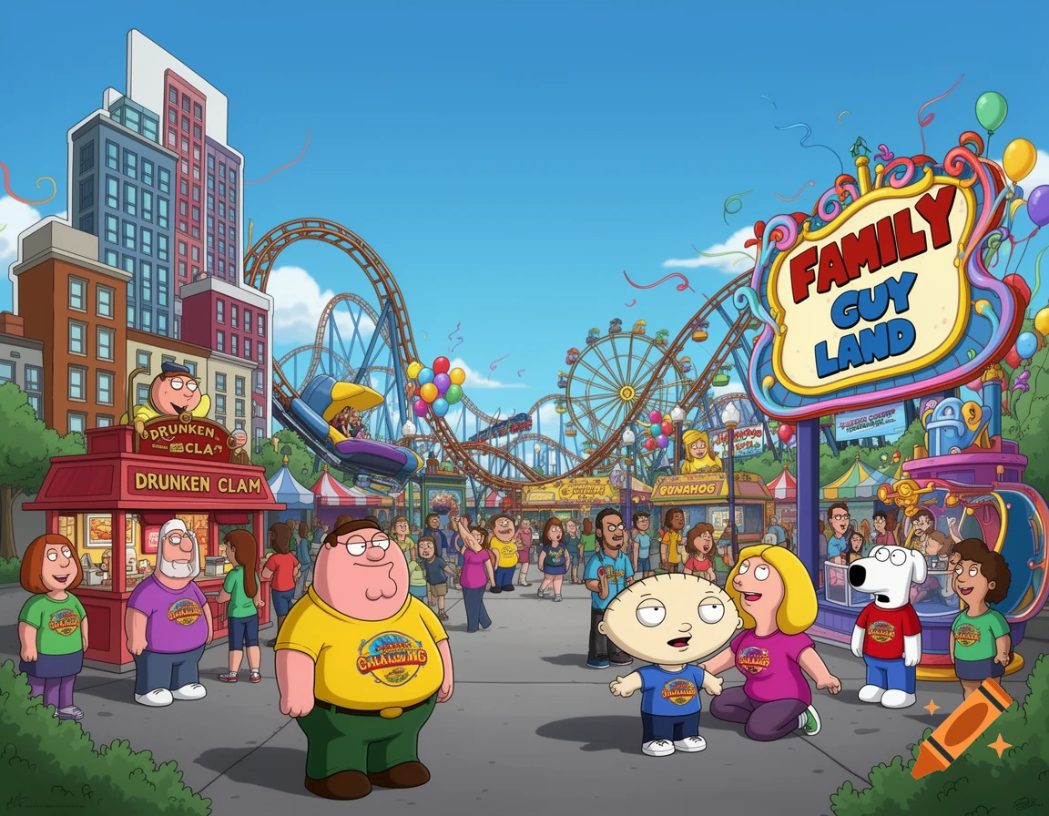 An illustration of the Family Guy characters at "Family Guy Land" theme park with rollercoasters, a Ferris wheel, and various food stalls.