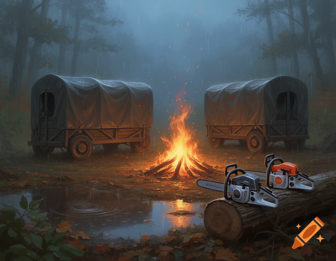 Two covered trailers, a crackling campfire, and two chainsaws on a log in a rainy, misty forest setting with a puddle reflecting the firelight.