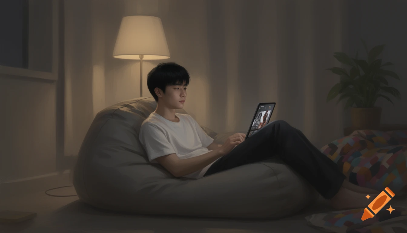 An Asian male relaxes on a bean bag chair in a dimly lit room, looking at a laptop screen with figures on it.