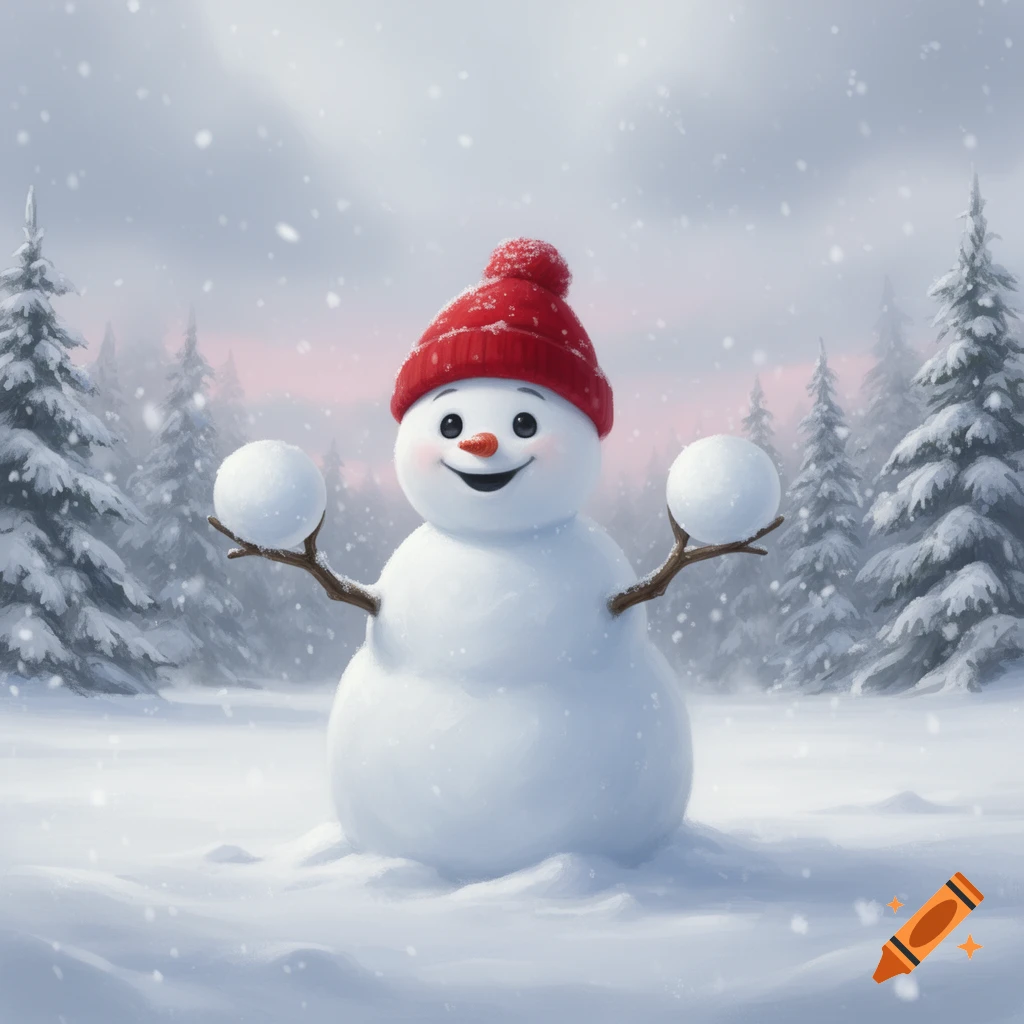 A cute snowman with a red knit cap smiles and holds two snowballs in a snowy winter forest.