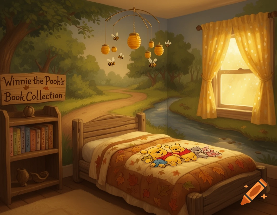 A Winnie the Pooh themed bedroom with a bed, bookshelf, and a mural of the Hundred Acre Wood on the walls. Pooh and friends plushies are on the bed.