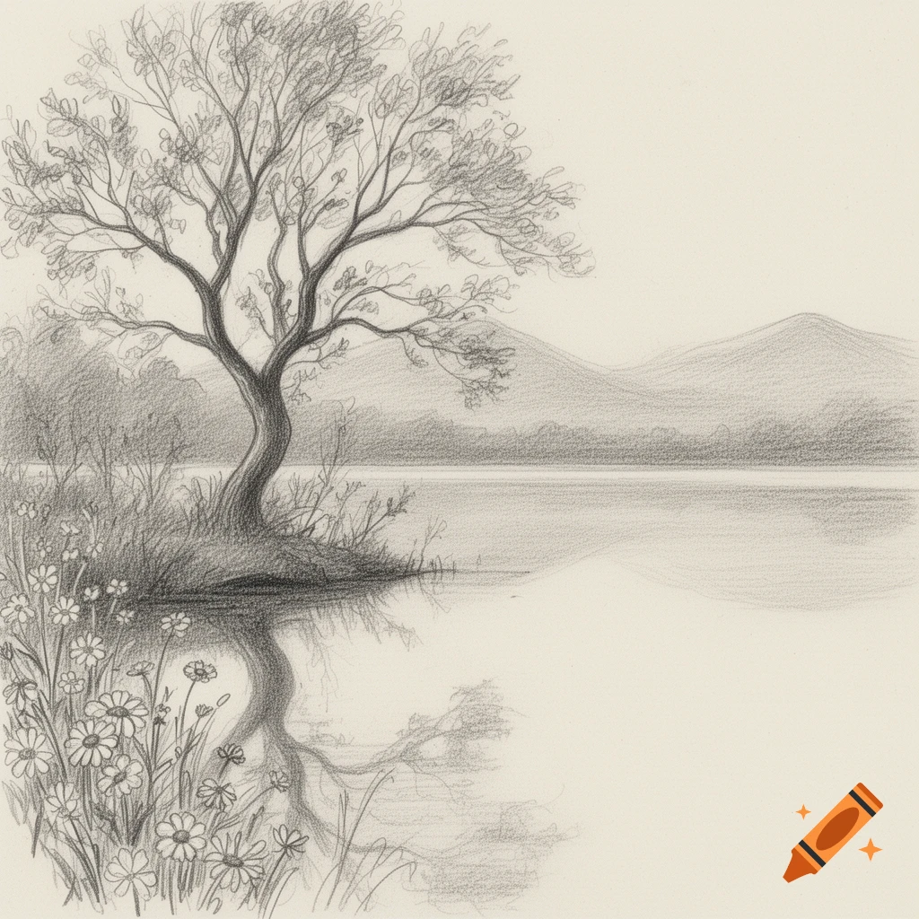 Pencil sketch of a lakeside landscape with a tree, flowers, and mountains.