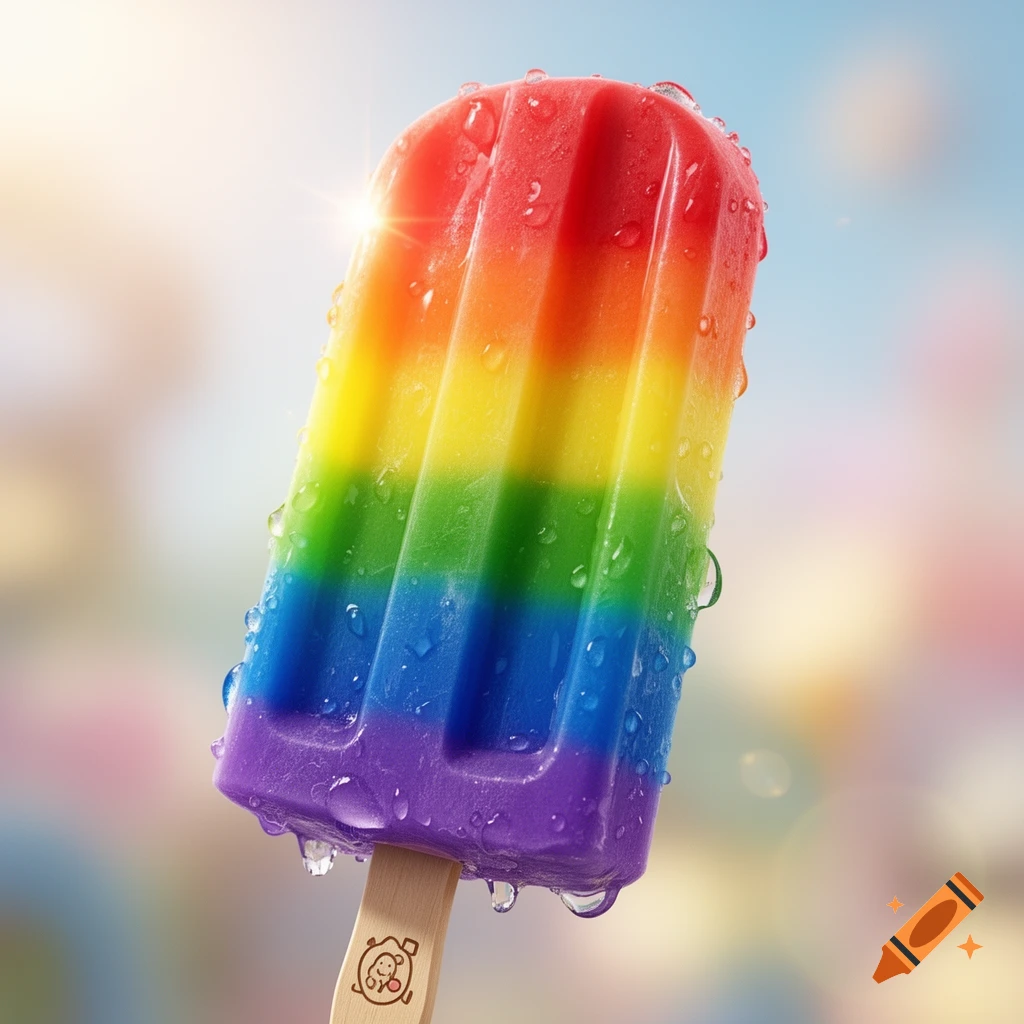 A vibrant rainbow-colored popsicle with water droplets on a wooden stick, set against a sunny, blurred outdoor background.