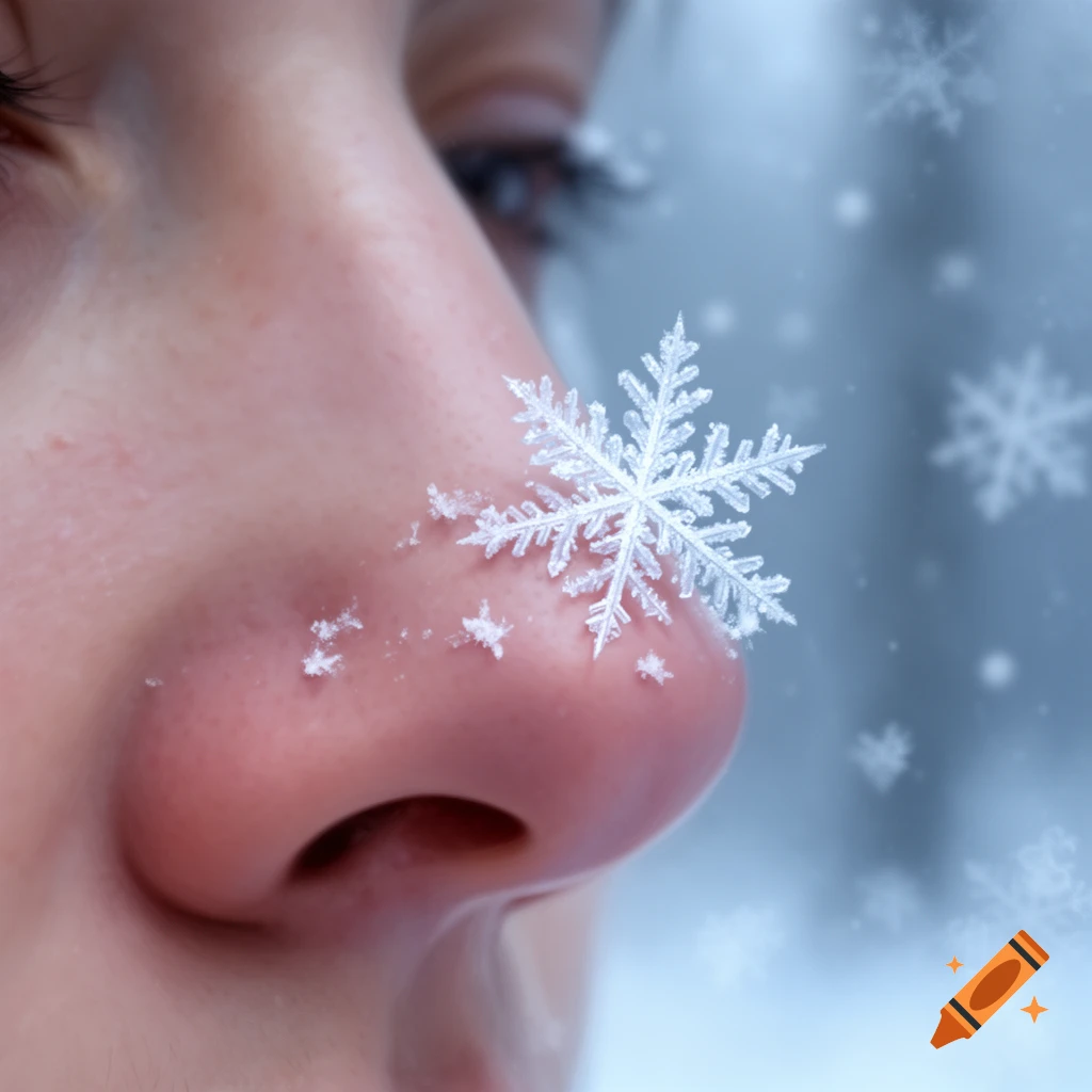 Close-up of a human nose with a detailed snowflake resting on it and small snow crystals, with blurred snowflakes in the background.