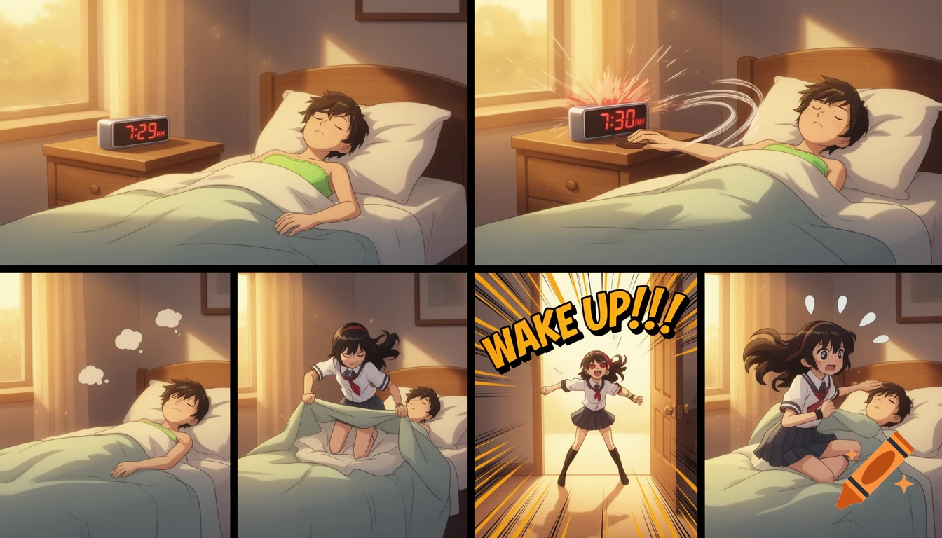 An anime comic strip showing a boy's morning routine from sleeping at 7:29 AM to being woken up by an alarm and a girl.