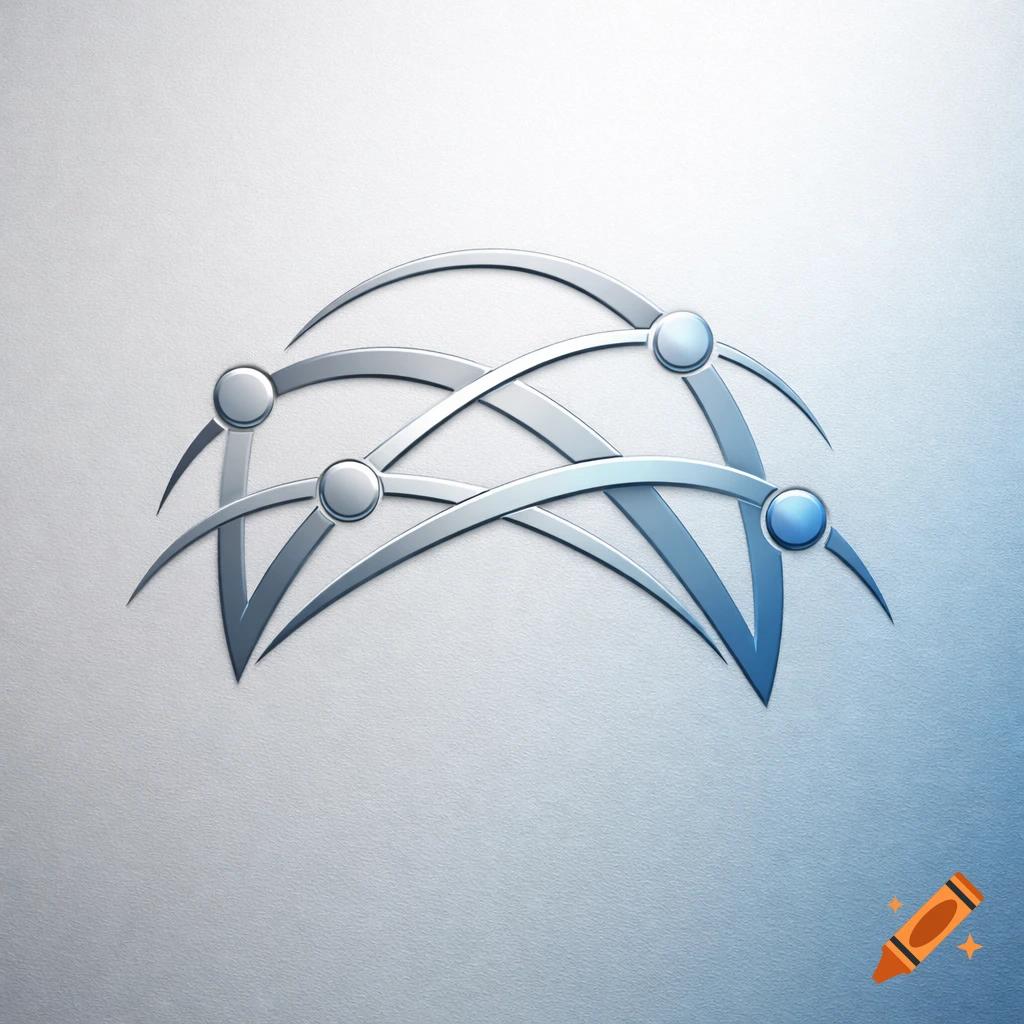 Abstract silver and blue logo of interconnected arcs and nodes, symbolizing a network or global connection.