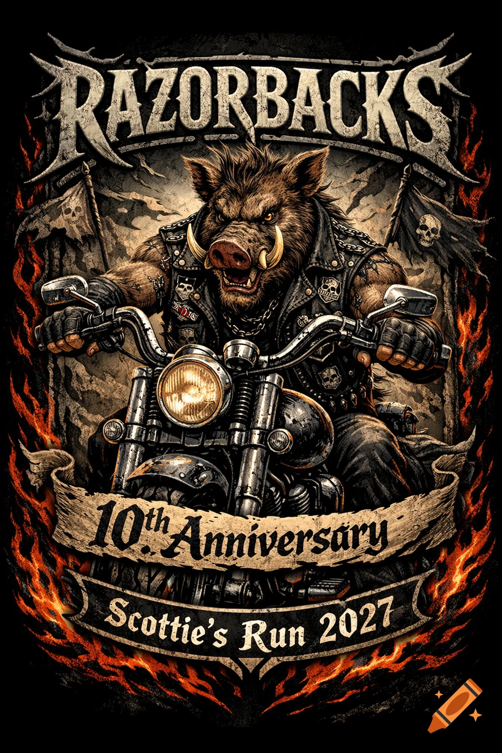 Gritty graphic design of a wild boar in a biker vest riding a motorcycle, with a banner reading "RAZORBACKS 10th Anniversary Scottie's Run 2027" against a fiery background.