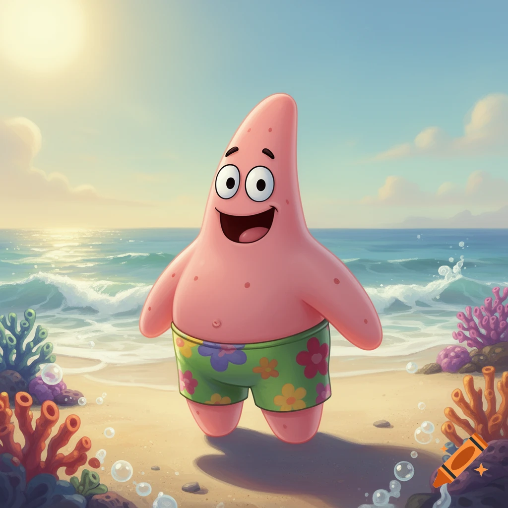 Patrick Star wearing flowered swim trunks stands on a sunny beach with ocean waves and coral.