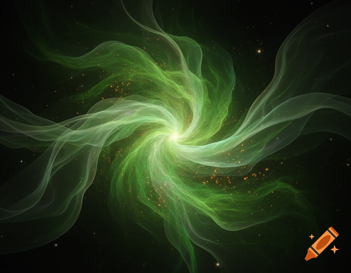 Swirling green gas forms a bright nebula with glowing particles against a dark, star-filled space background.