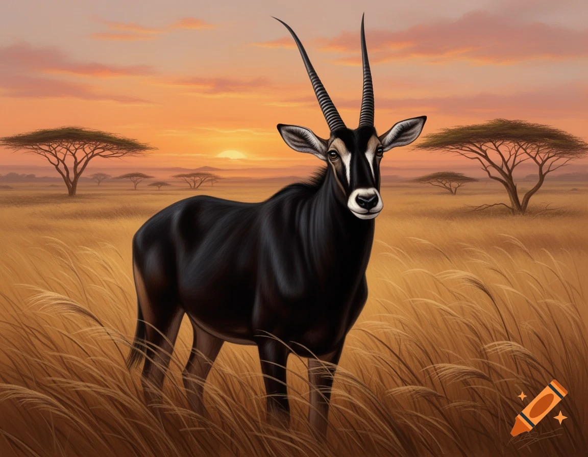 A sable antelope with dark fur and long curved horns stands in tall golden grass in a savanna at sunset.
