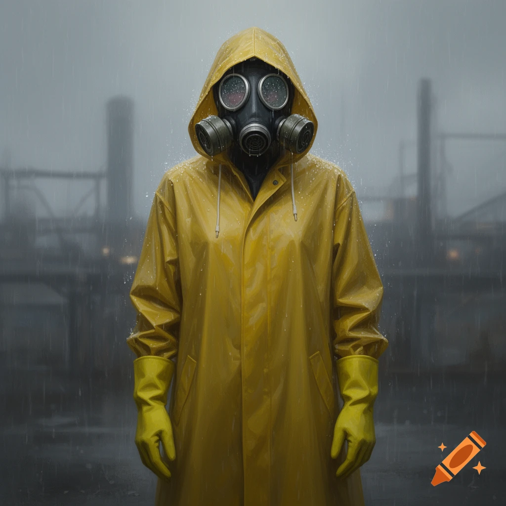 An androgynous figure in a yellow raincoat, hood, and fused gas mask stands in heavy rain against a blurry industrial backdrop.