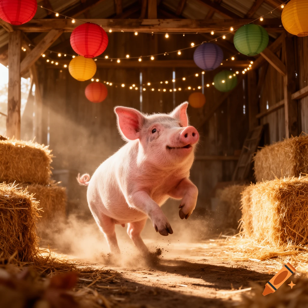 A happy pig runs and kicks up dust in a barn decorated with colorful paper lanterns and string lights, bathed in sunlight.