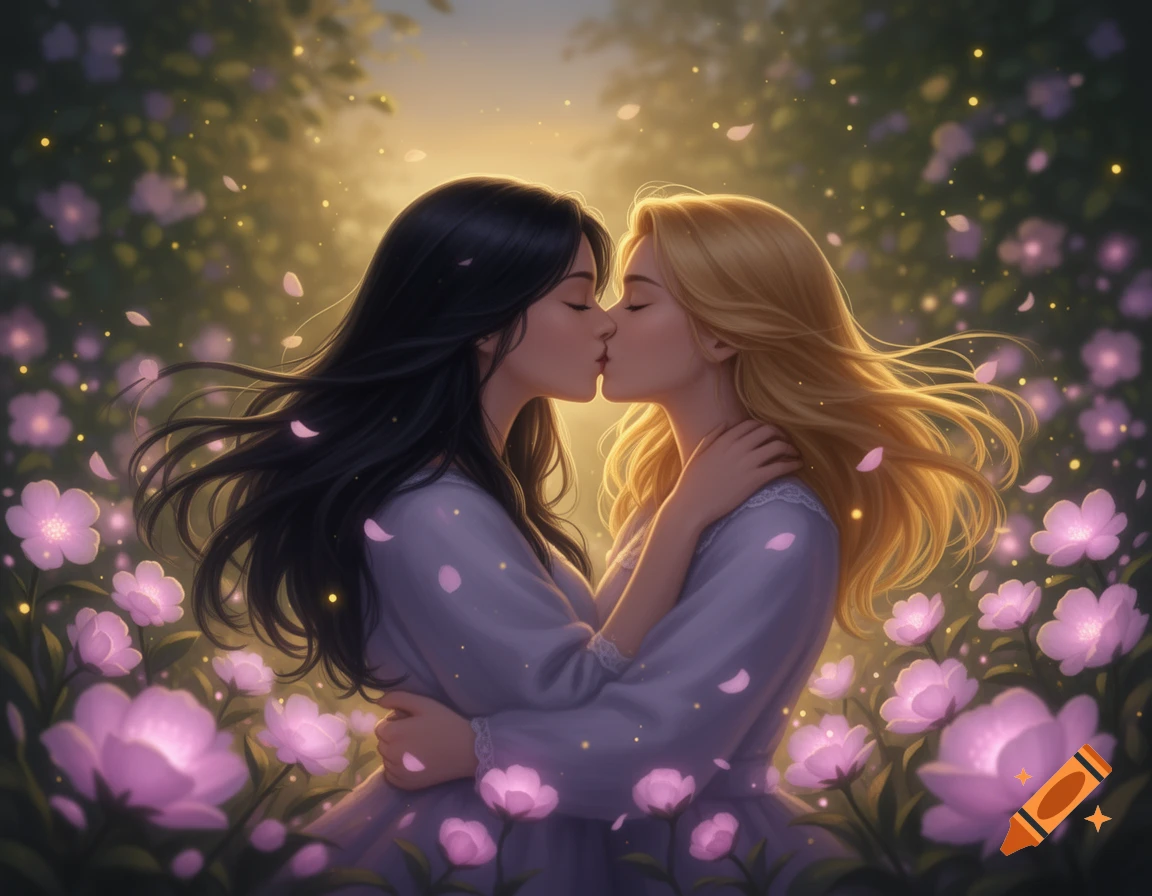 Two women with dark and blonde hair gently kiss amidst a glowing garden of pink flowers at sunset, in a romantic fantasy style.