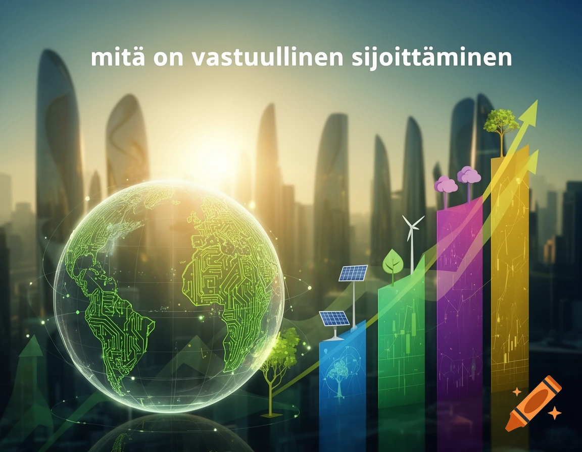 Globe with circuit patterns and a rising bar chart featuring solar panels, wind turbines, and trees, against a futuristic cityscape at sunset.