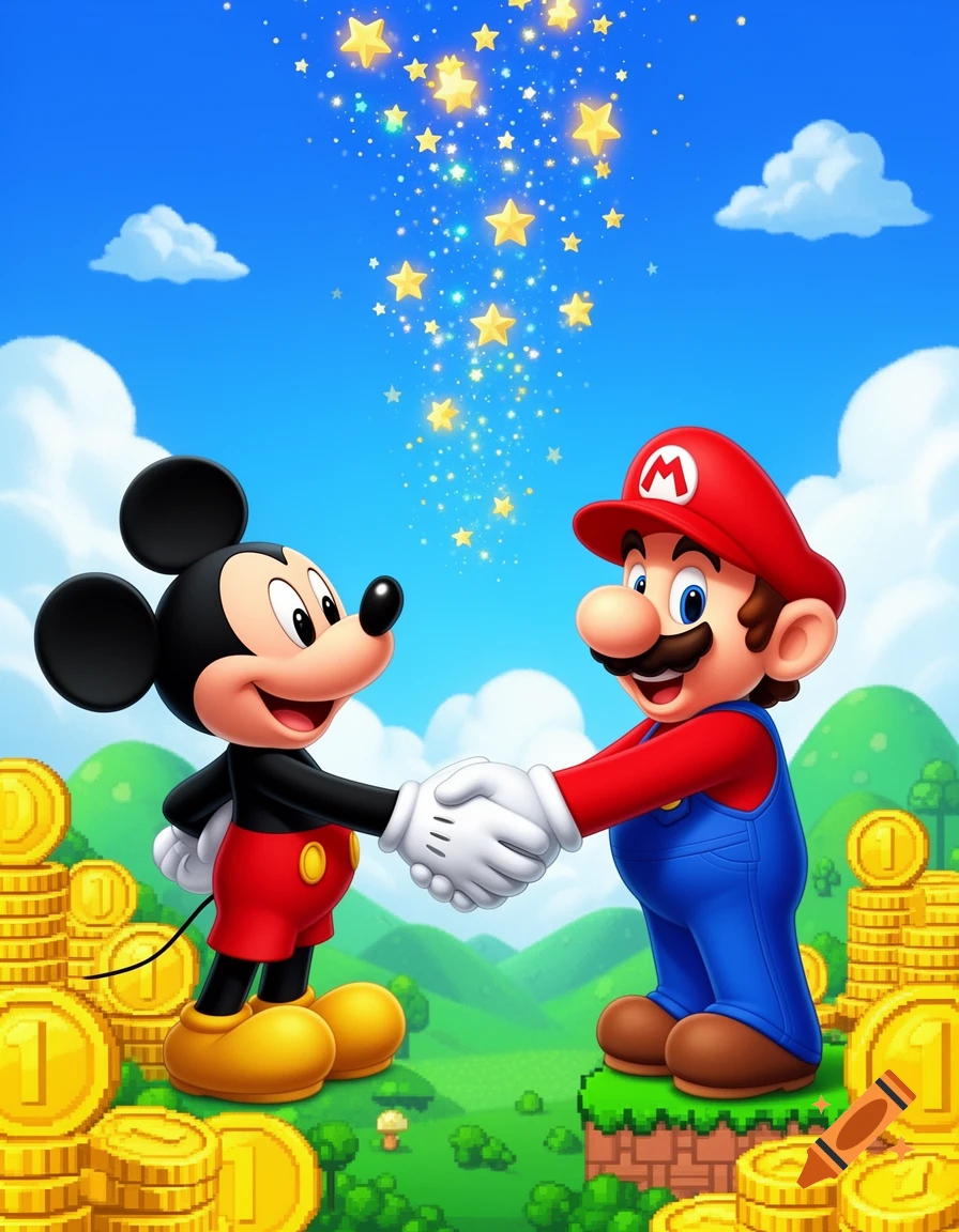 Cartoon Mickey Mouse and Mario shaking hands in a vibrant green landscape with gold coins and sparkling stars under a blue sky.