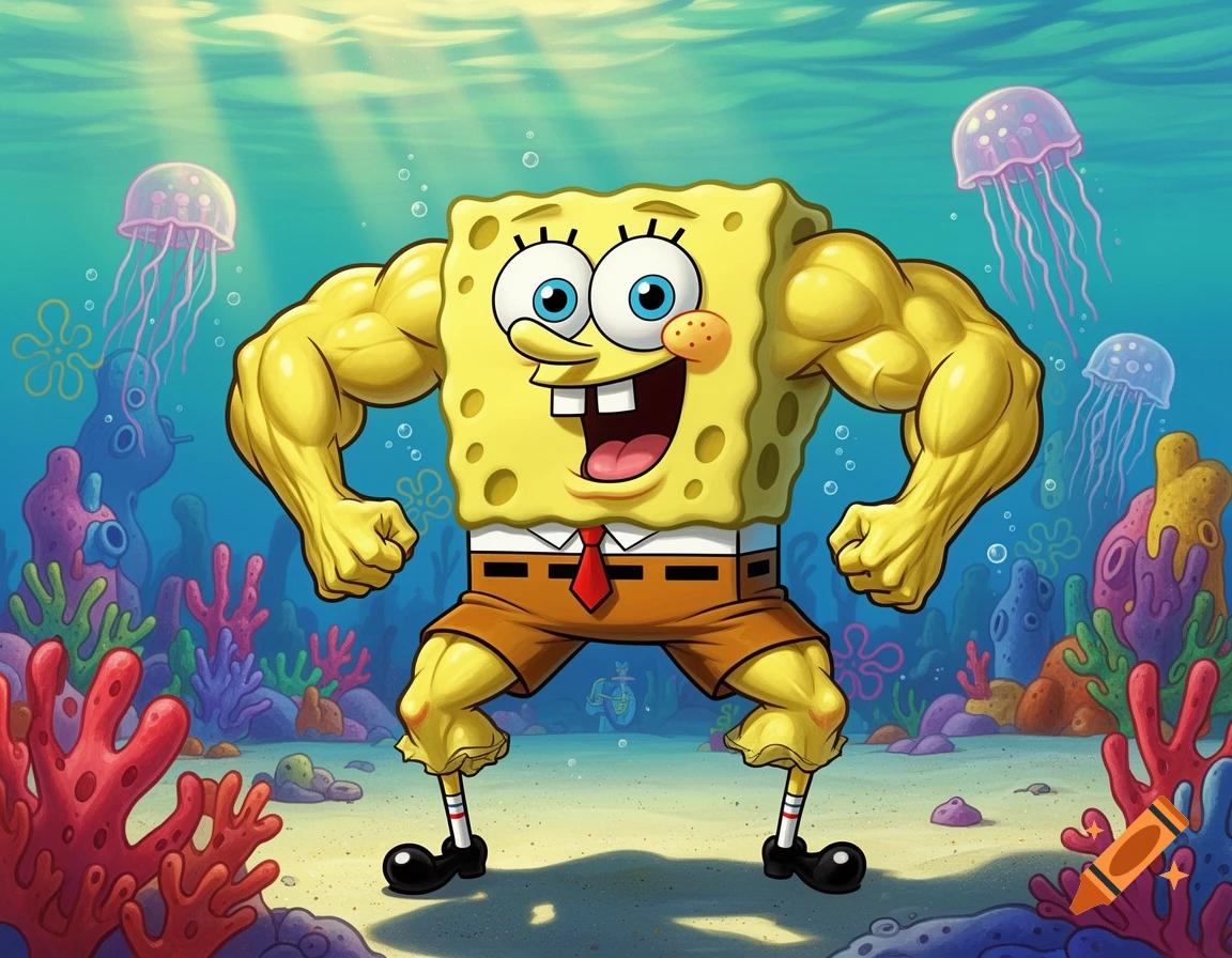 Muscular SpongeBob SquarePants flexing underwater amidst coral and jellyfish.
