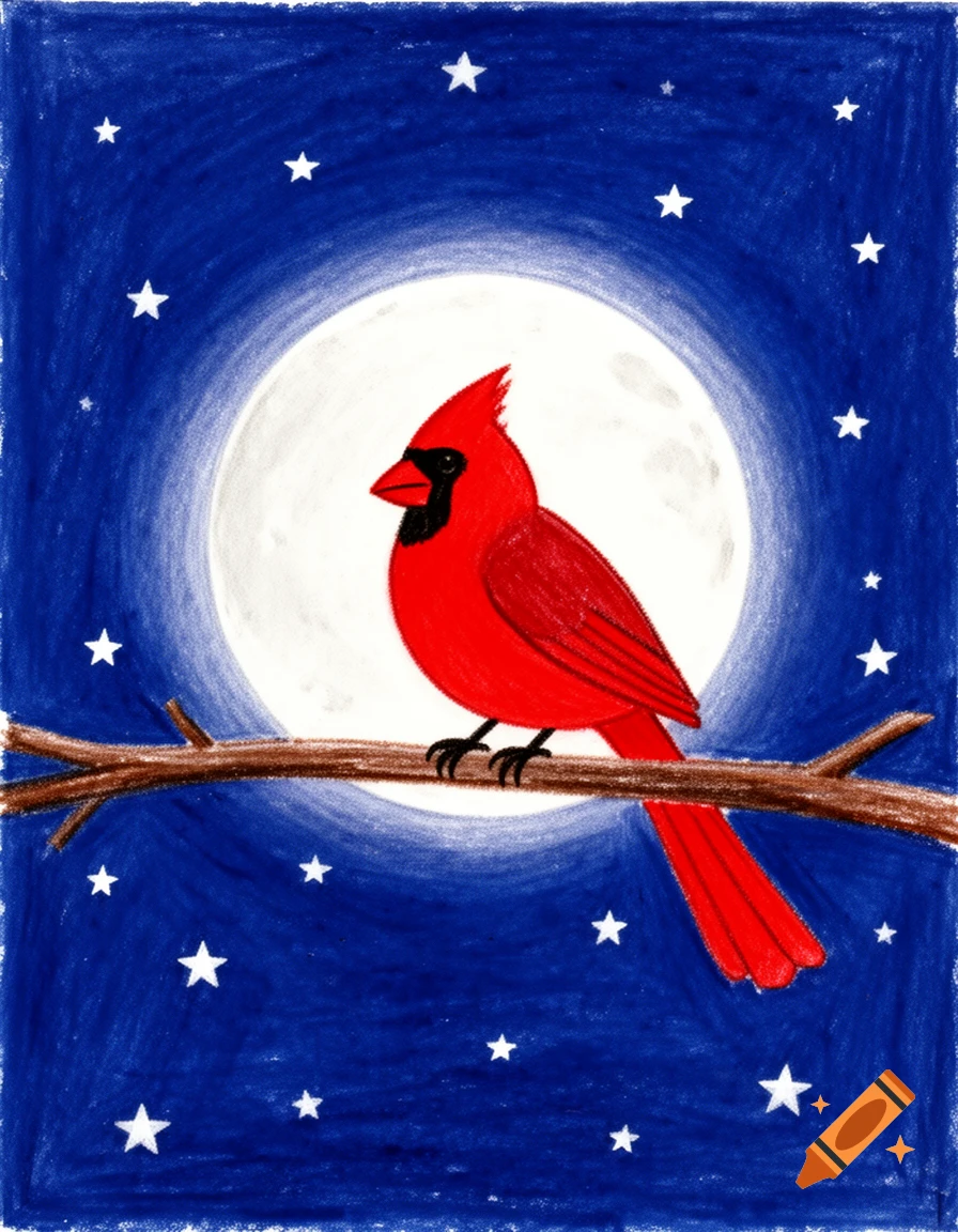 Simple crayon drawing of a red cardinal on a branch against a dark blue night sky with a full moon and white stars.