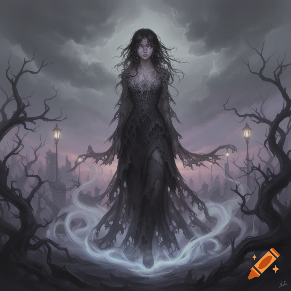 A ghostly woman with glowing eyes and a tattered dress floats amidst ...