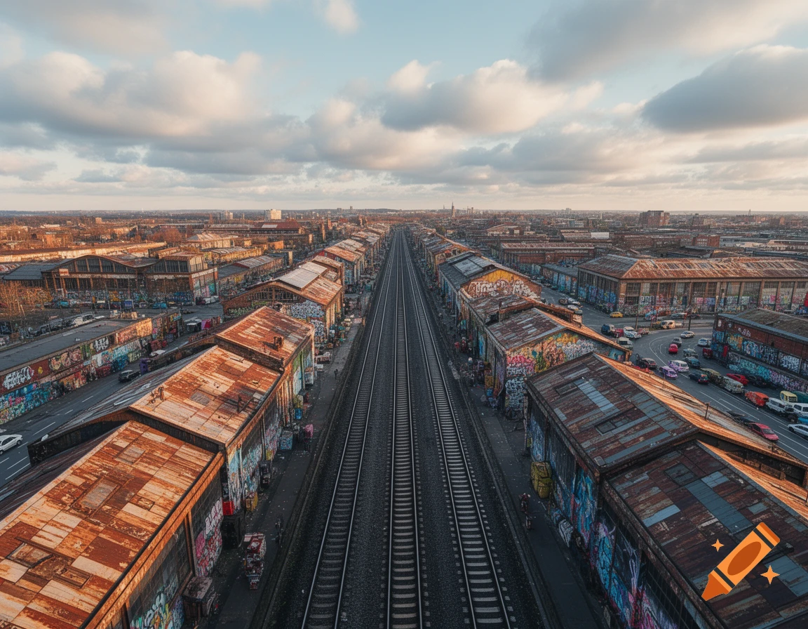 An aerial view of multiple train tracks stretching into the distance, flanked by graffiti-covered industrial buildings under a cloudy sky.