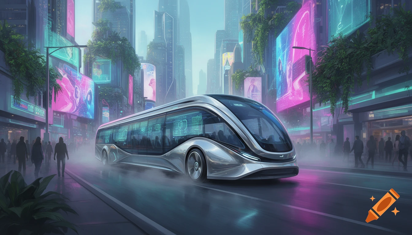 A sleek, futuristic silver bus drives through a neon-lit cyberpunk city at dusk, with towering buildings and indistinct pedestrians.