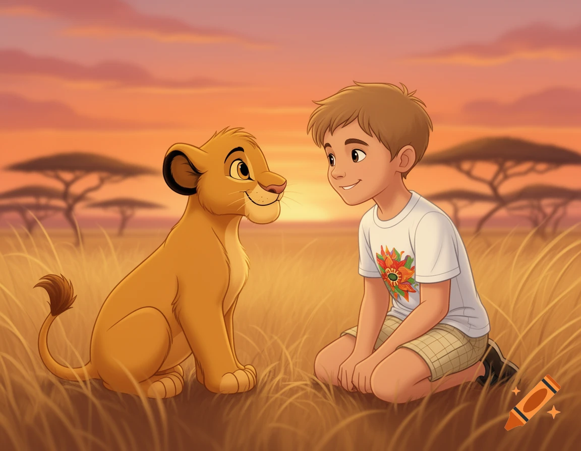 Cartoon illustration of a smiling boy kneeling across from a lion cub in an African savanna at sunset.