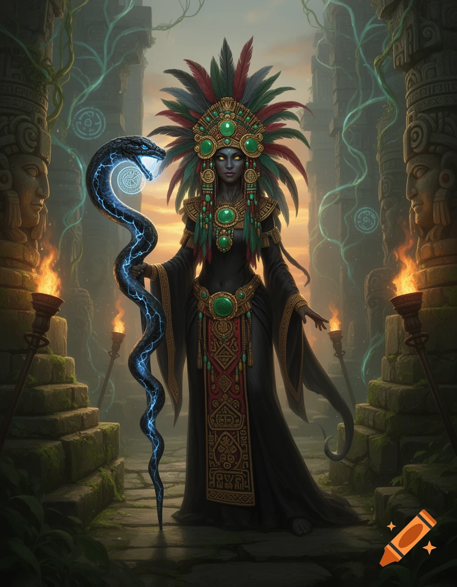 An Aztec dark priestess in a feathered headdress and dark robes holds a ...