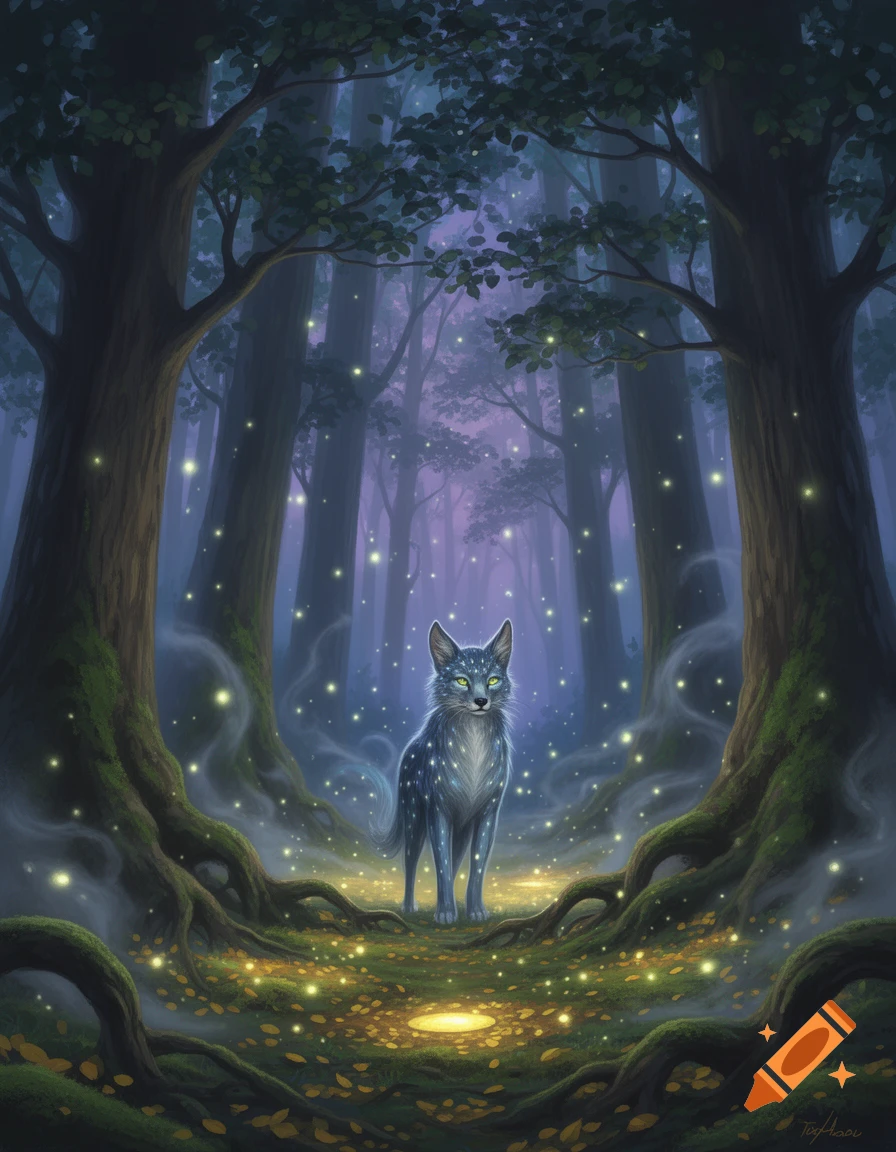 A glowing blue-gray wolf-like creature with green eyes stands in a mystical, dark forest lit by ethereal fairy lights.