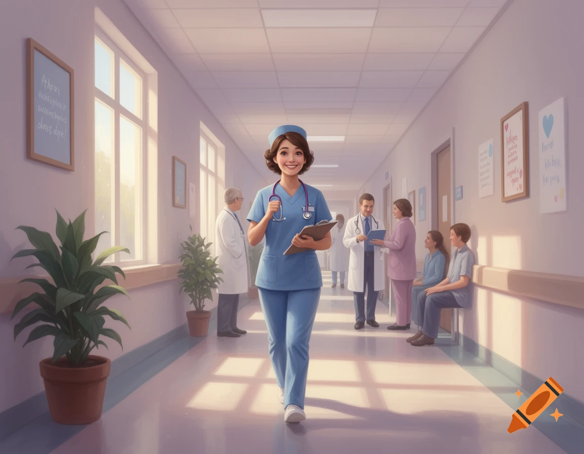 A smiling nurse in blue scrubs with a stethoscope walks down a bright hospital hallway, with other medical staff and patients in the background.