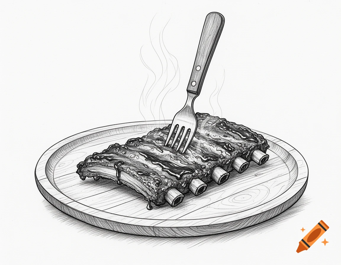 A black and white line drawing of BBQ spare ribs on a wooden plate, with a fork stuck into them and faint steam rising.