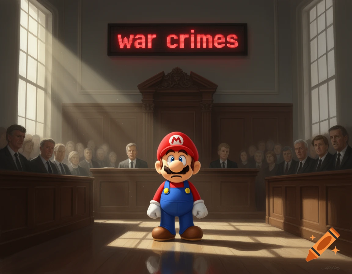 Super Mario stands in a solemn courtroom with a red LED sign above reading 'war crimes', observers in the background.