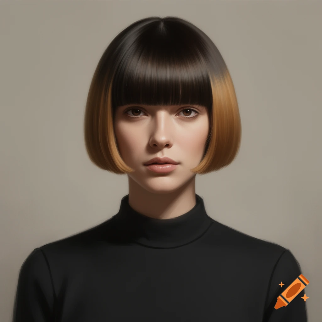 Close-up portrait of a woman with a two-toned dark brown and blonde bowl cut, wearing a black turtleneck against a neutral background.