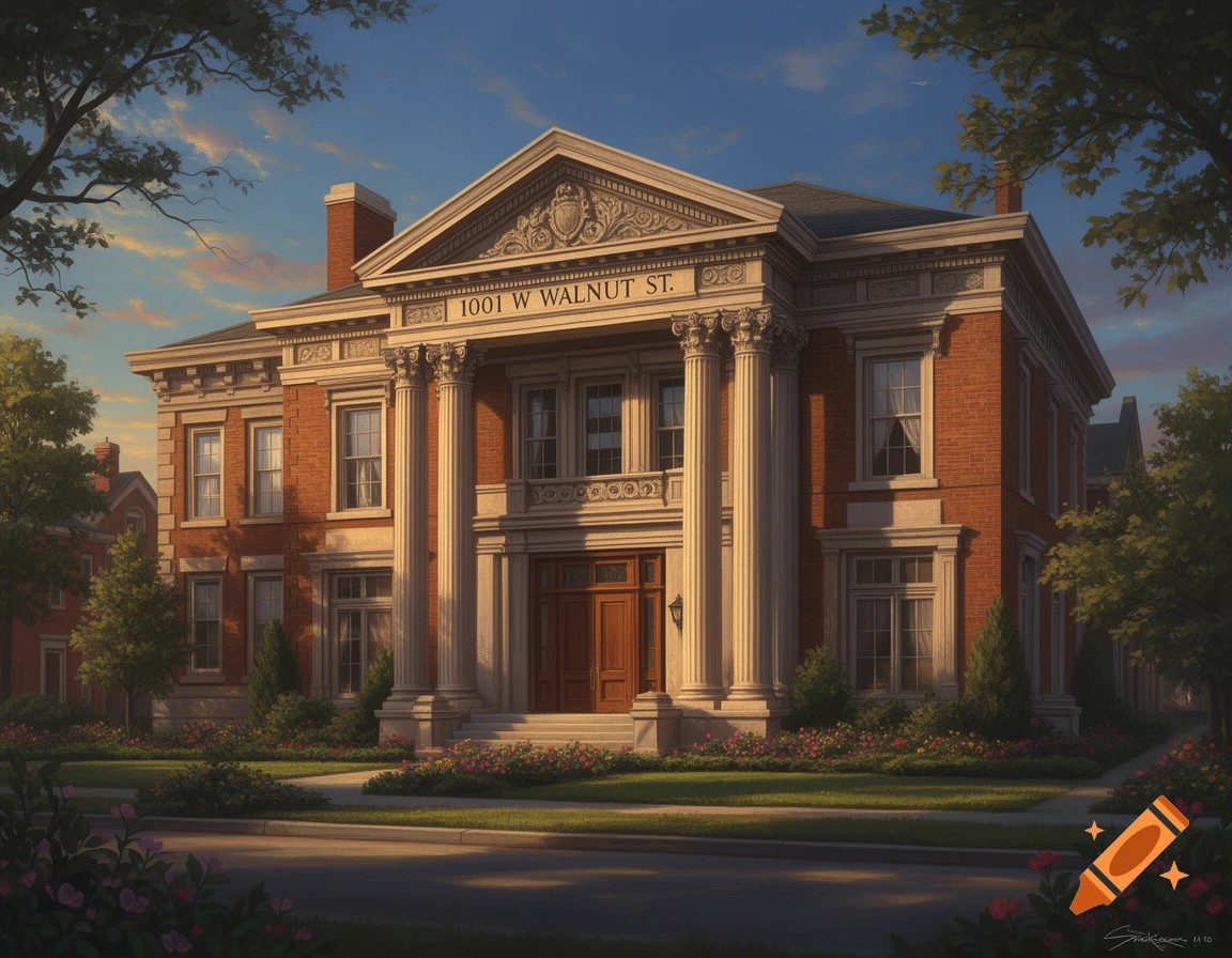 A grand red brick building with classical columns and the address '1001 W WALNUT ST.' on its facade, set amidst a landscaped lawn and blooming flowers.