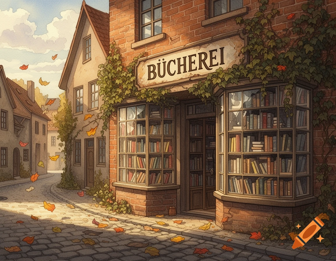 A watercolor illustration of a charming brick bookstore with a 'BÜCHEREI' sign on a cobbled street, with autumn leaves scattered.