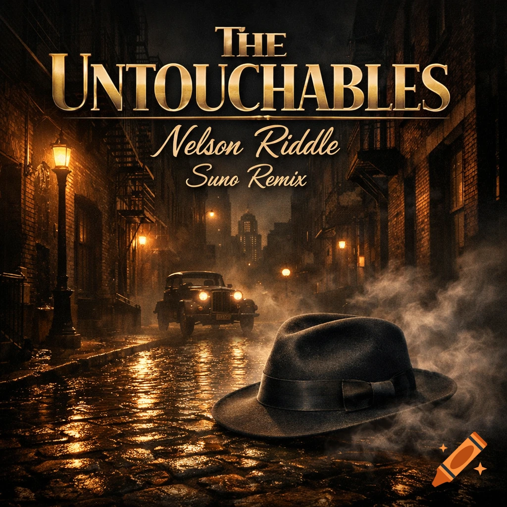 Dark, misty alley with a classic car, a fedora in the foreground, and 'The Untouchables' album title on a cover.