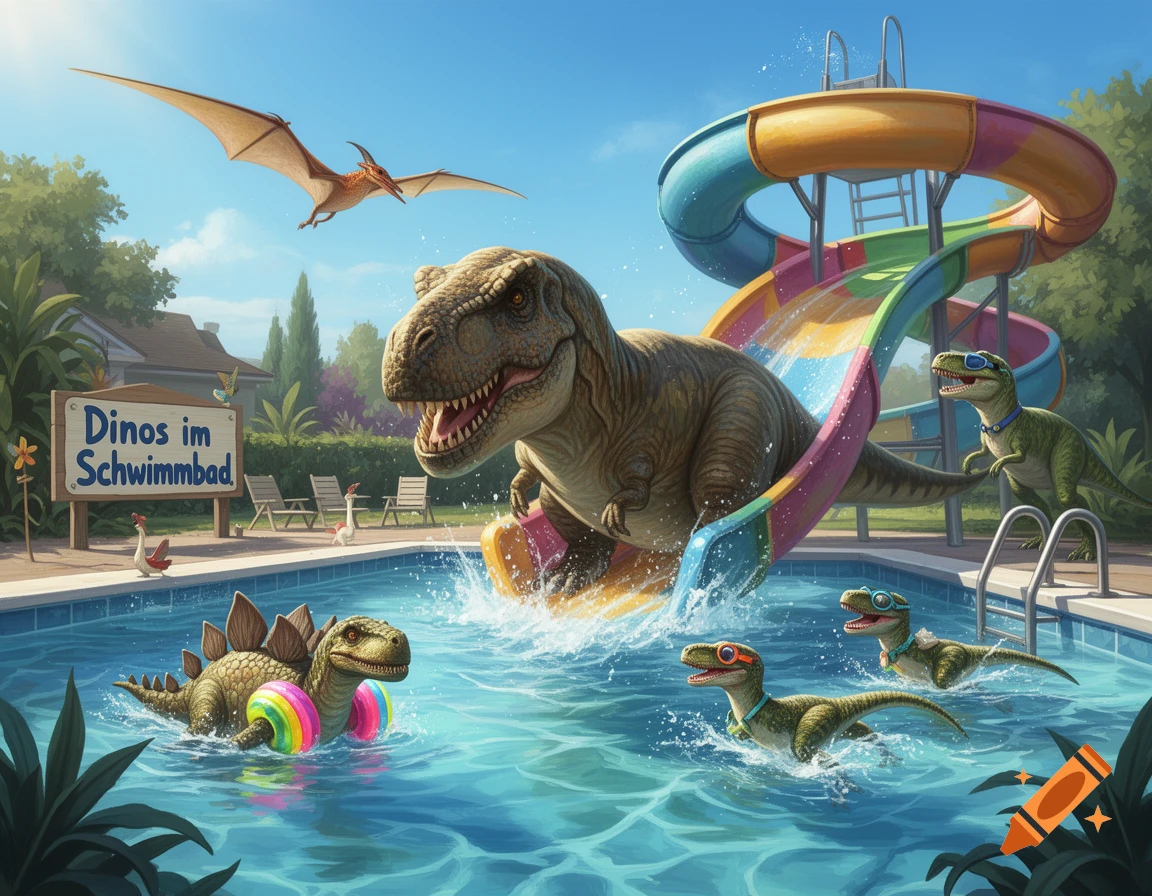 Cartoon dinosaurs play in a vibrant swimming pool. A T-Rex slides down a colorful water slide as other dinosaurs swim with goggles and floaties.